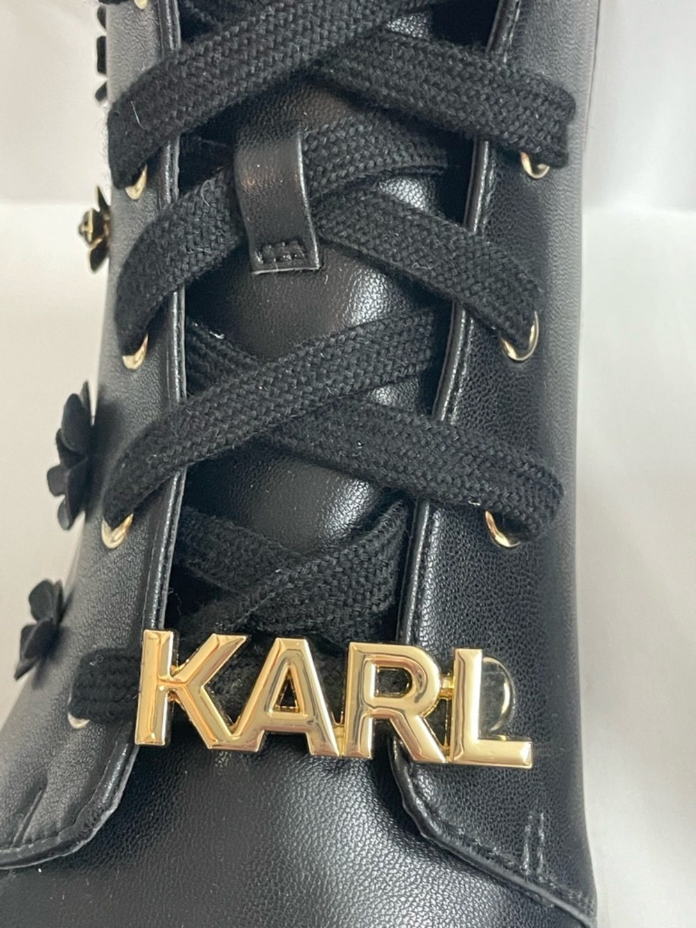 Karl Lagerfeld Paris Mela Fleur Black Floral Combat Boots w Gold Accents US 9.5 - Picture 6 of 14